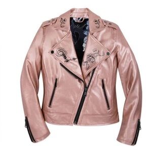 Disney Size 2XL Rose Pink Maleficent Sleeping Beauty Faux Leather Moto Jacket